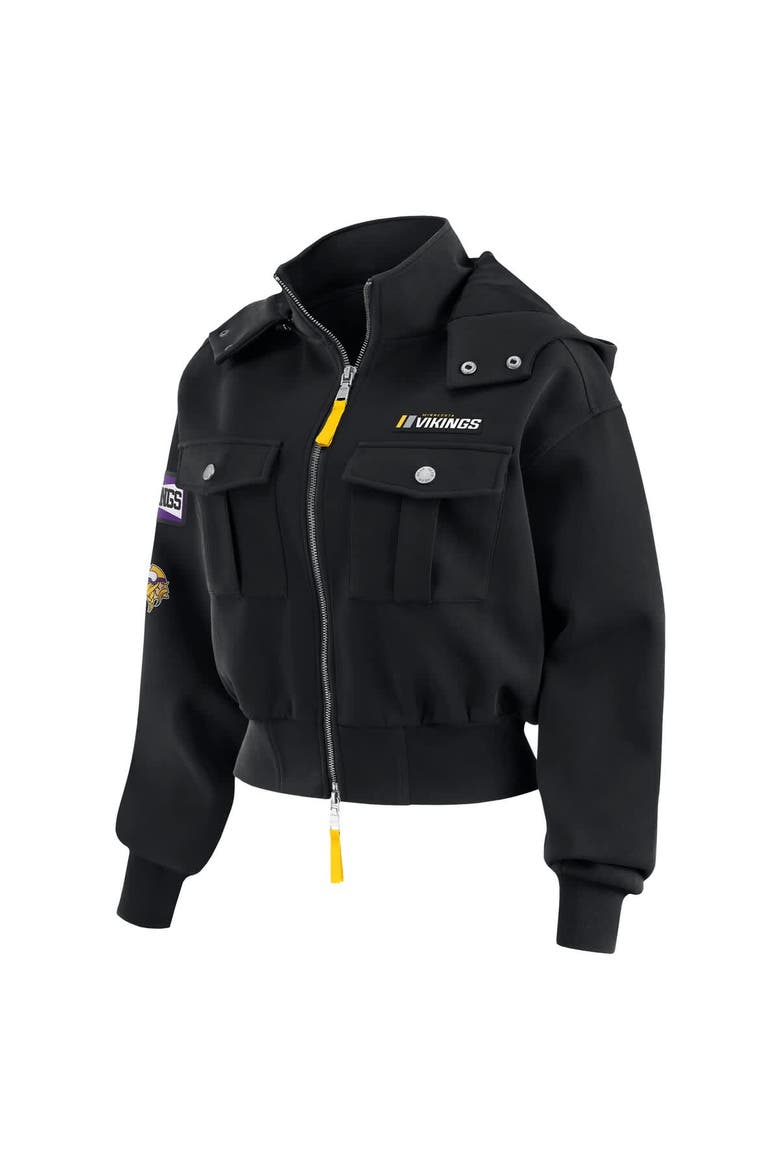 Women's WEAR by Erin Andrews  Black Minnesota Vikings Patch Pocket Cropped Full-Zip Bomber Jacket, Alternate, color, Black