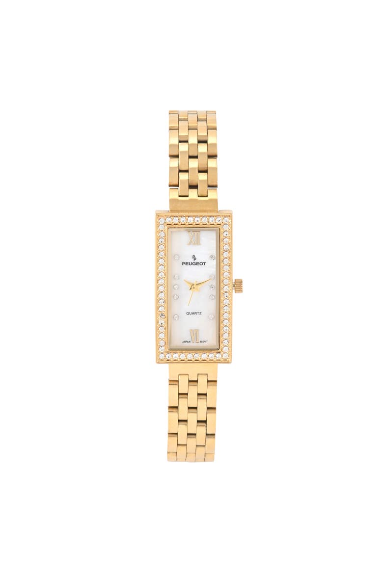 14K Gold-Plated Crystal Bezel Stainless Steel Bracelet Watch- 35x20MM, Main, color, White