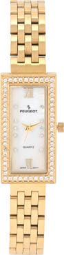 Peugeot 14K Gold-Plated Crystal Bezel Stainless Steel Bracelet Watch- 35x20MM
