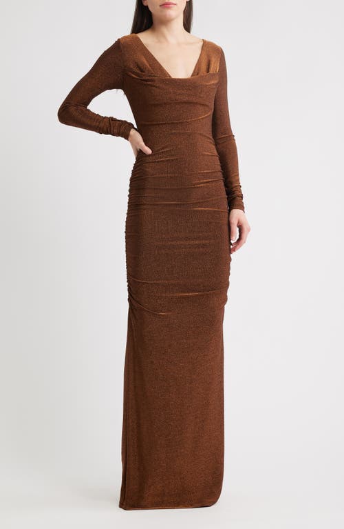 Black Halo Rafaela Long Sleeve Glitter Knit Gown In Brown