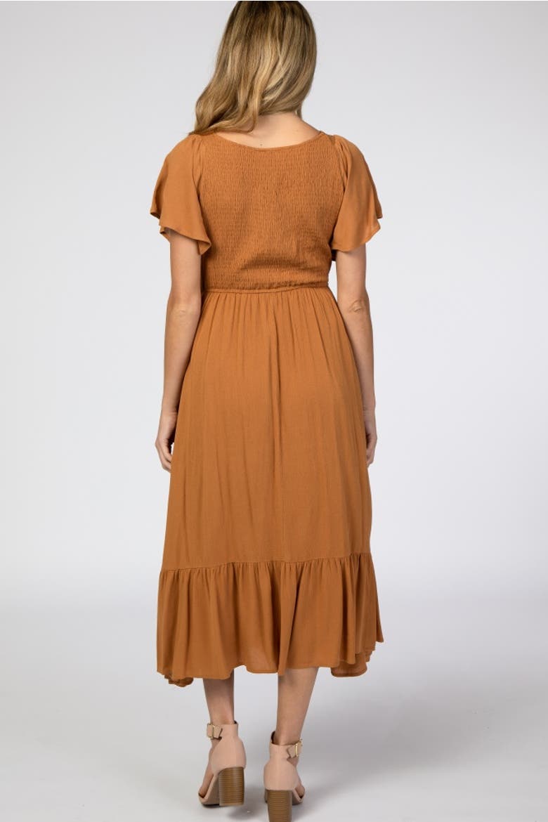 Smocked V-Neck Midi Dress, Alternate, color, Brown