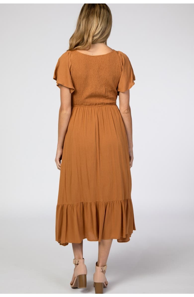PinkBlush Smocked V-Neck Midi Dress, Alternate, color, Brown