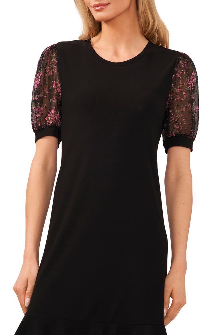 Floral Puff Sleeve Dress, Alternate, color, RICH BLACK
