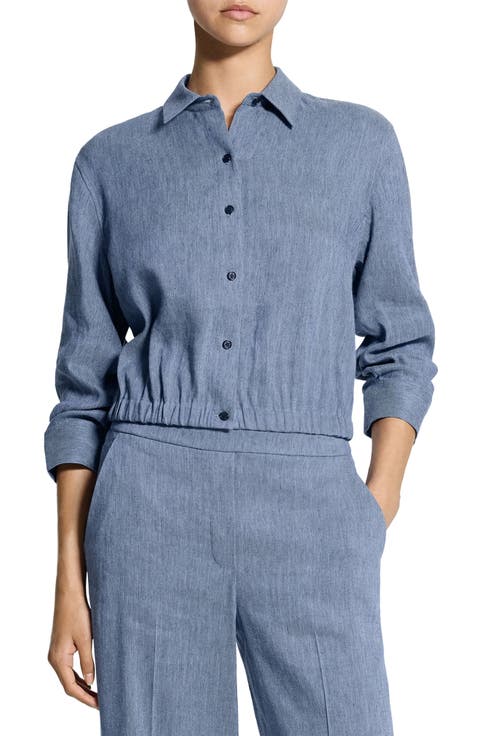 Scrunch Sleeve Chambray Crop Button-Up Top