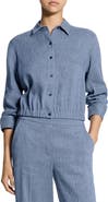 Theory Scrunch Sleeve Chambray Crop Button-Up Top