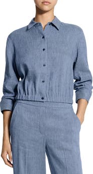 Theory Scrunch Sleeve Chambray Crop Button-Up Top