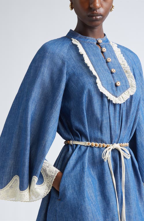 Zimmermann Awaken Belted Lace Trim Denim Minidress In Blue