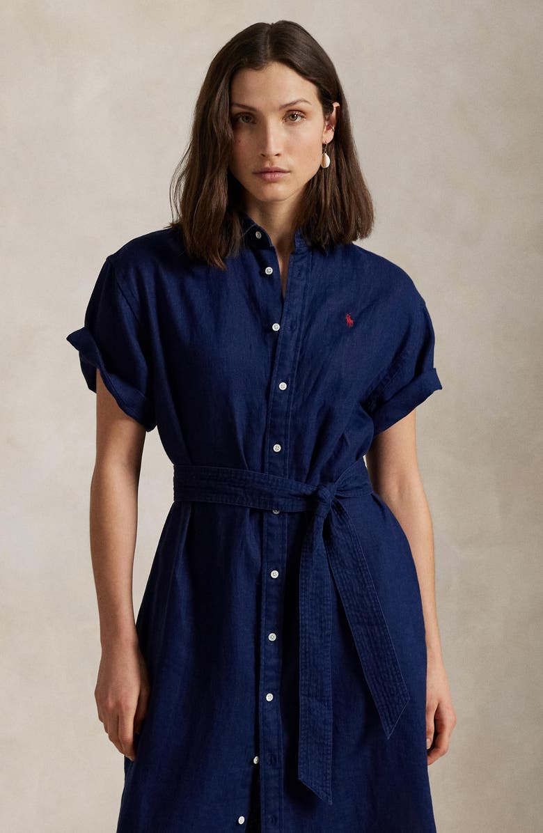 Polo Ralph Lauren Short Sleeve Belted Linen Shirtdress, Alternate, color, 