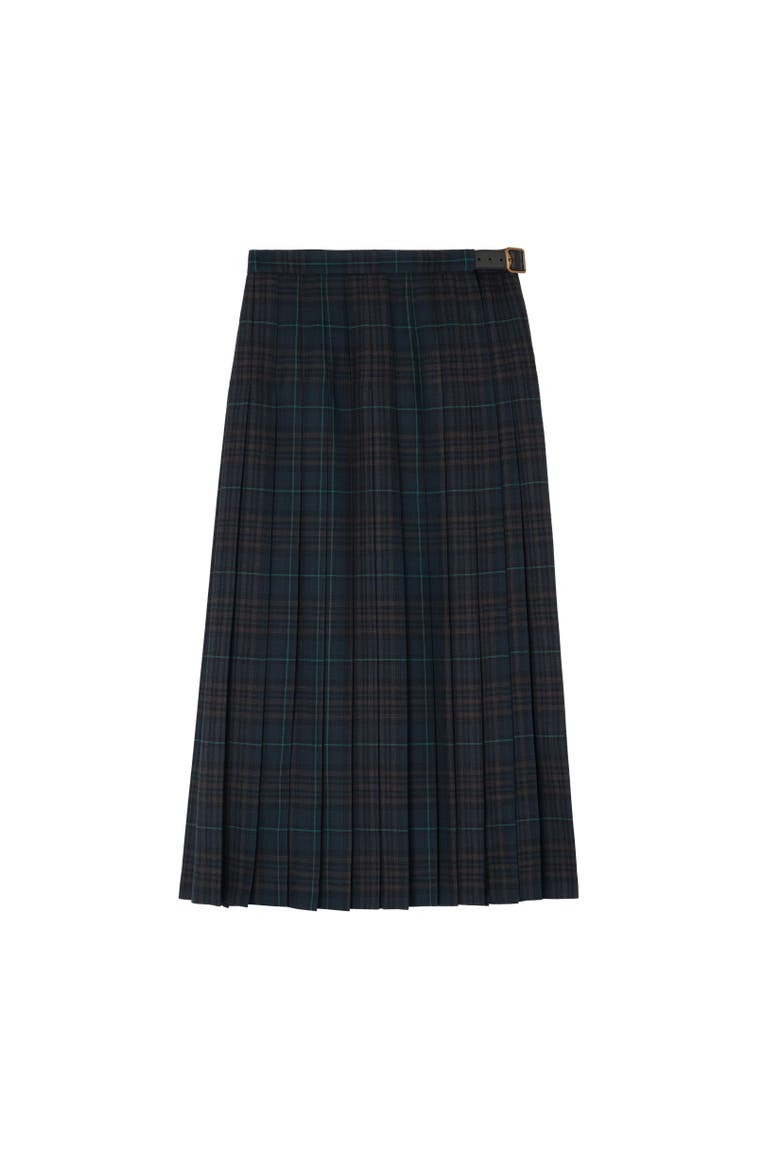Pleated Check Wool Blend Skirt, Alternate, color, Dark clay blue