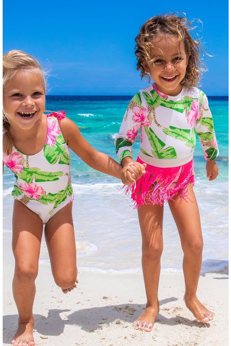 Kids' Long Sleeve One-Piece Swimsuit with Fringe Skirt Set, Alternate, color, WHITE MULTI