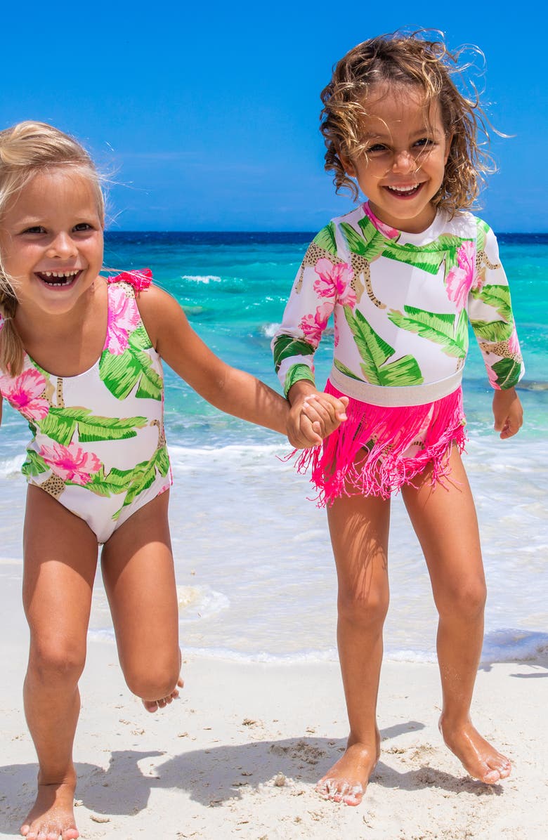 Shade Critters Kids' Long Sleeve One-Piece Swimsuit with Fringe Skirt Set, Alternate, color, White Multi