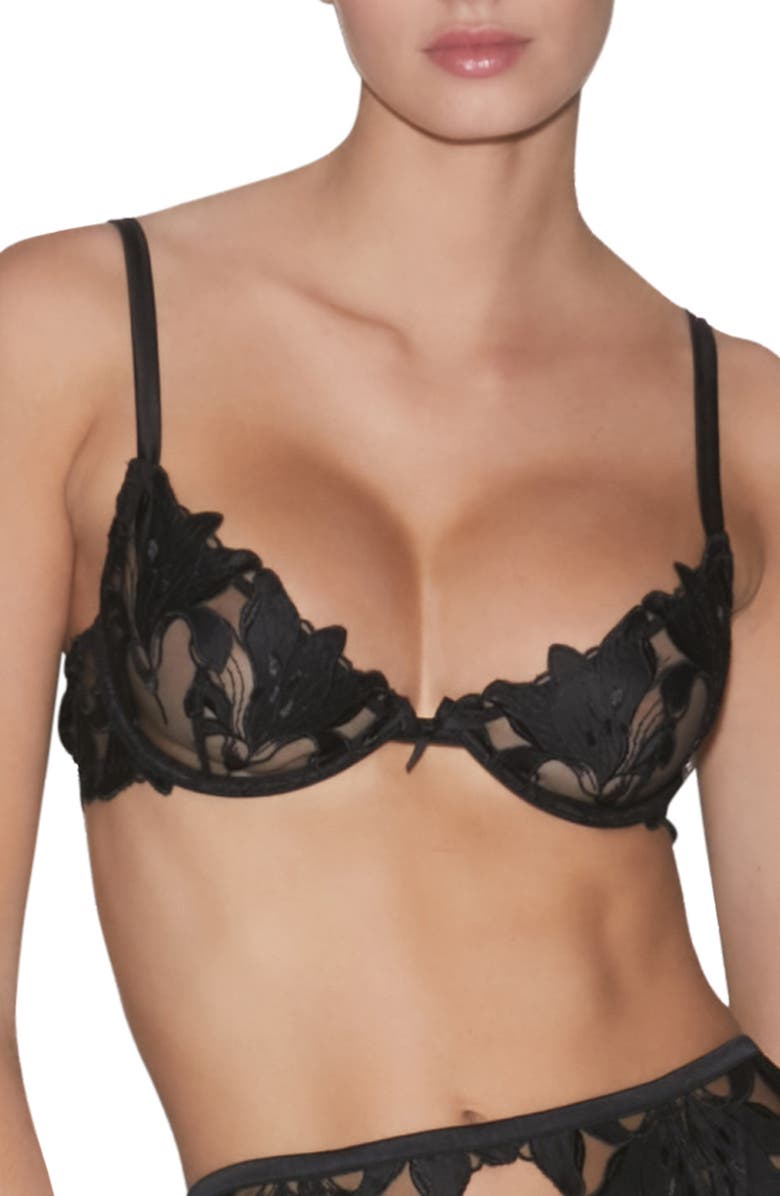 Fleur Du Mal Fuller Cup Lily Embroidered Underwire Demi Bra, Main, color, Black