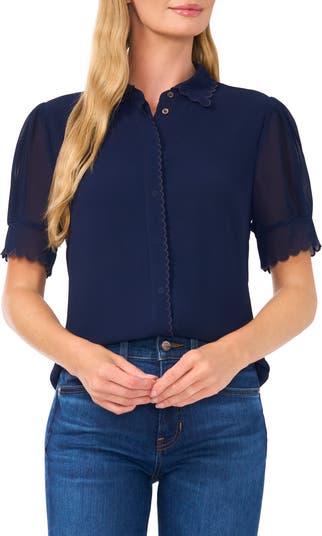 売れ筋商品|||セセ カットソー トップス レディース Women's Scalloped Puff-Sleeve Button-Front Blouse Rich Black CeCe Scallop Trim Button-Up Shirt | Nordstrom