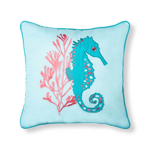 Seahorse & Coral Embroidered Accent Pillow 18" x 18"