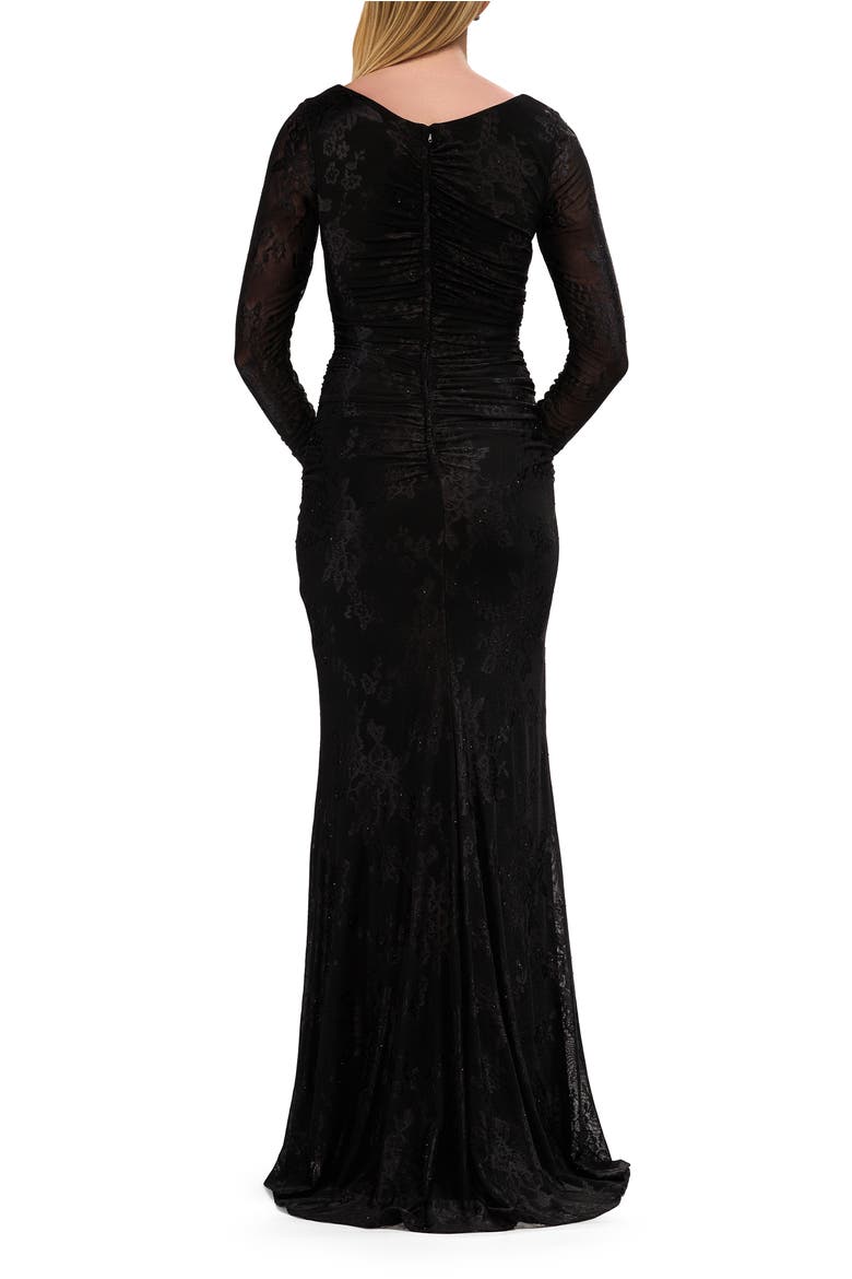 Chic Stretch Lace Evening Dress with Ruching and V Neckline, Alternate, color, Black