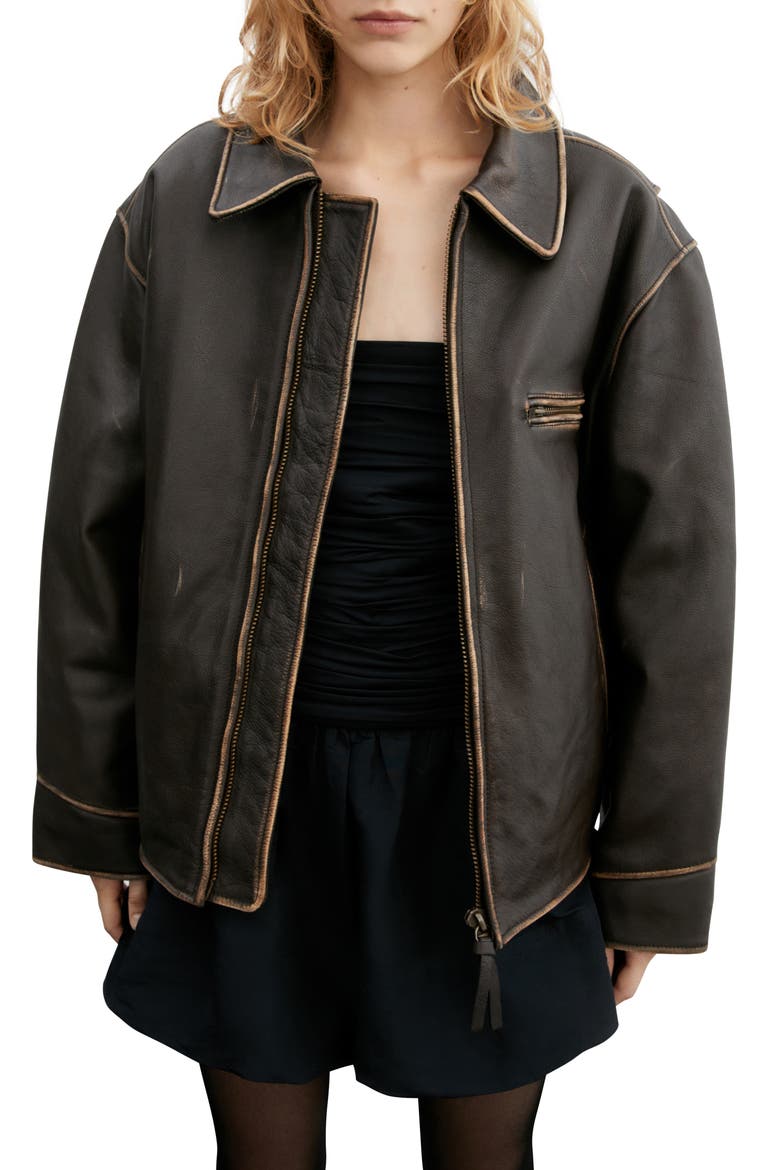 Oversize Distressed Leather Jacket, Main, color, BROWN