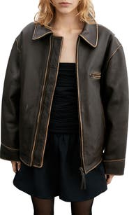 MANGO Oversize Distressed Leather Jacket