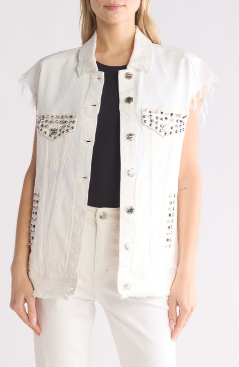 Women's White Denim Vest Jacket Size outlets Medium Rhinestone Embellished Cotton Blend