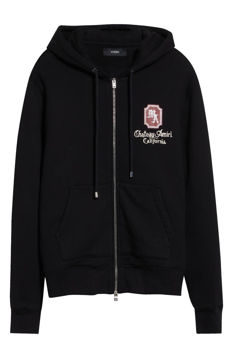 AMIRI Chateau Logo Full Zip Fleece Hoodie, Alternate, color, Black Archived