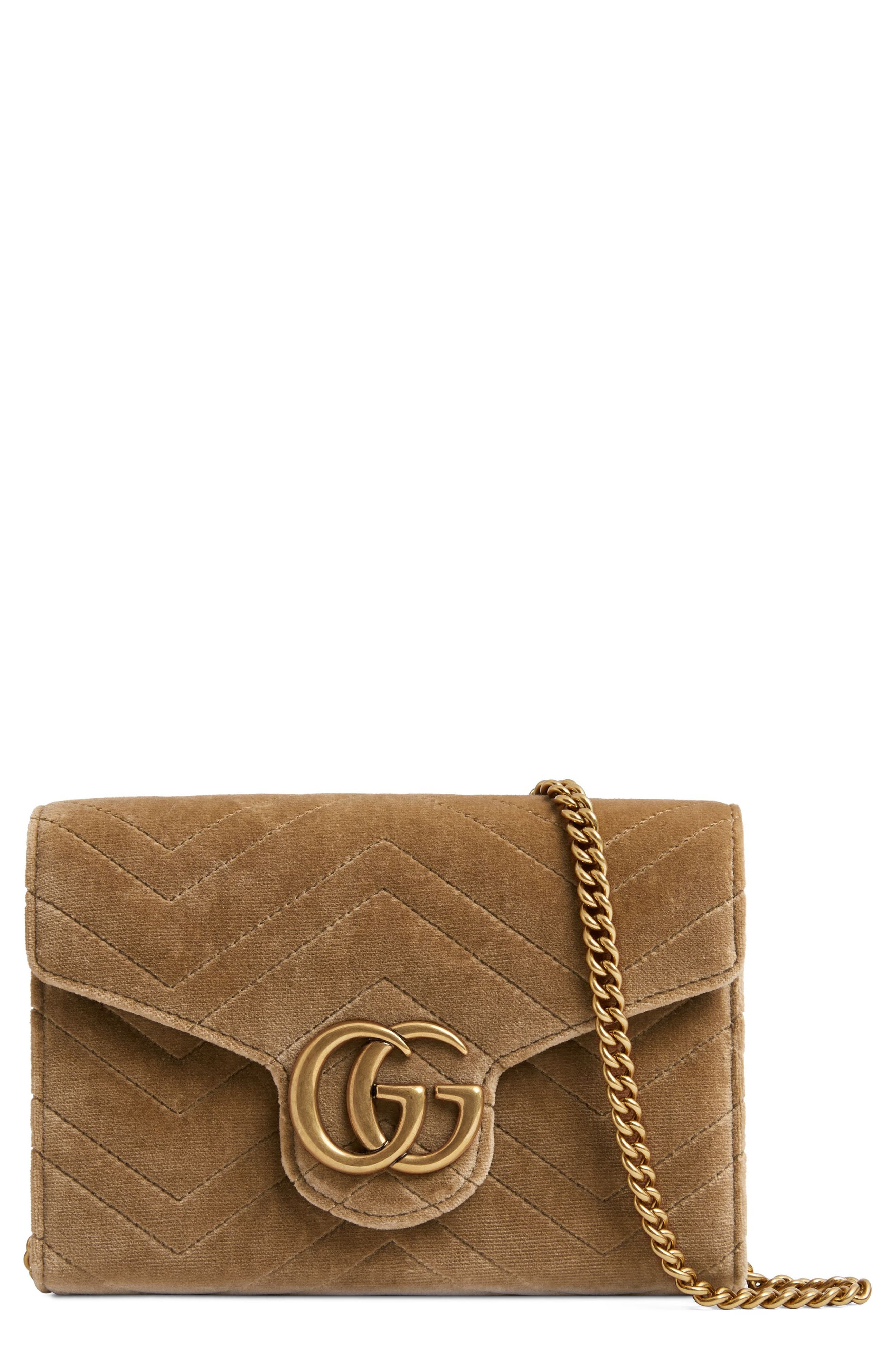GG Marmont 2.0 Matelassé Velvet Wallet on a Chain, Main, color, TAUPE/ TAUPE