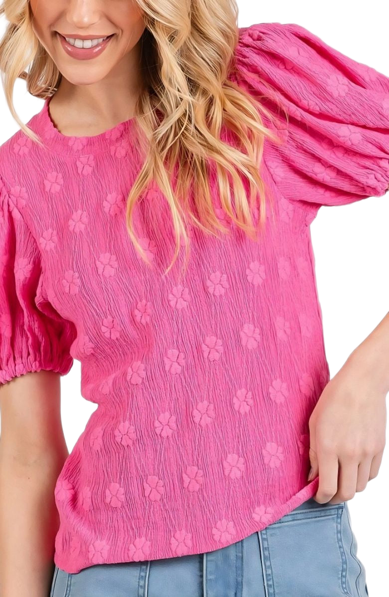 Knit and Lounge Embroidered Crinkled Texture Puff Sleeve Round Neck Top, Alternate, color, 