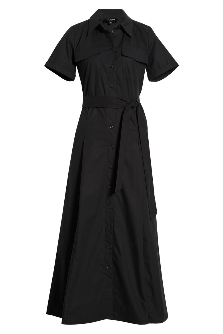 Box Pleat Tie Belt Cotton Maxi Shirtdress, Alternate, color, RICH BLACK