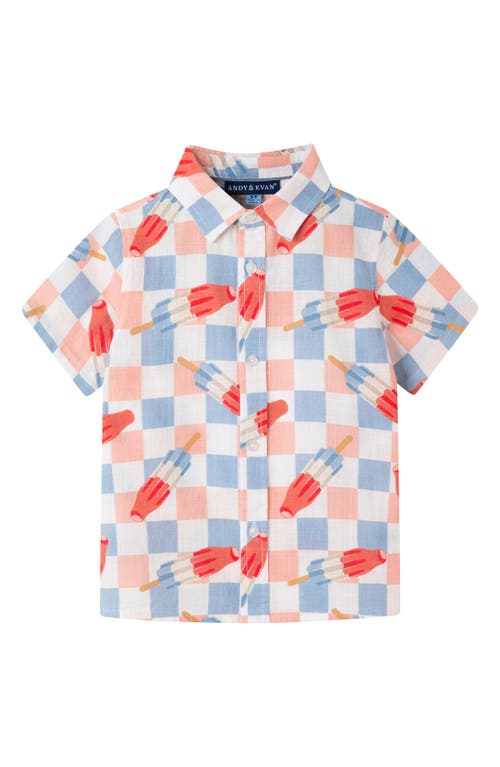 Andy & Evan Kids' Frozen Treats Print Short Sleeve Cotton Button-up Shirt & Drawstring Shorts Set In Chambray