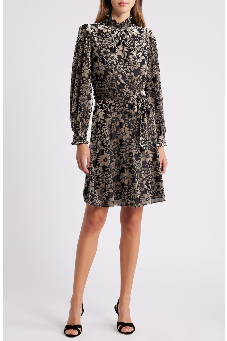 Floral Burnout Belted Long Sleeve Dress, Main, color, BLACK SILVER