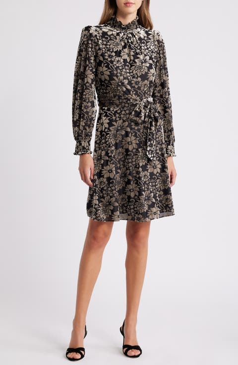 Floral Burnout Belted Long Sleeve Dress