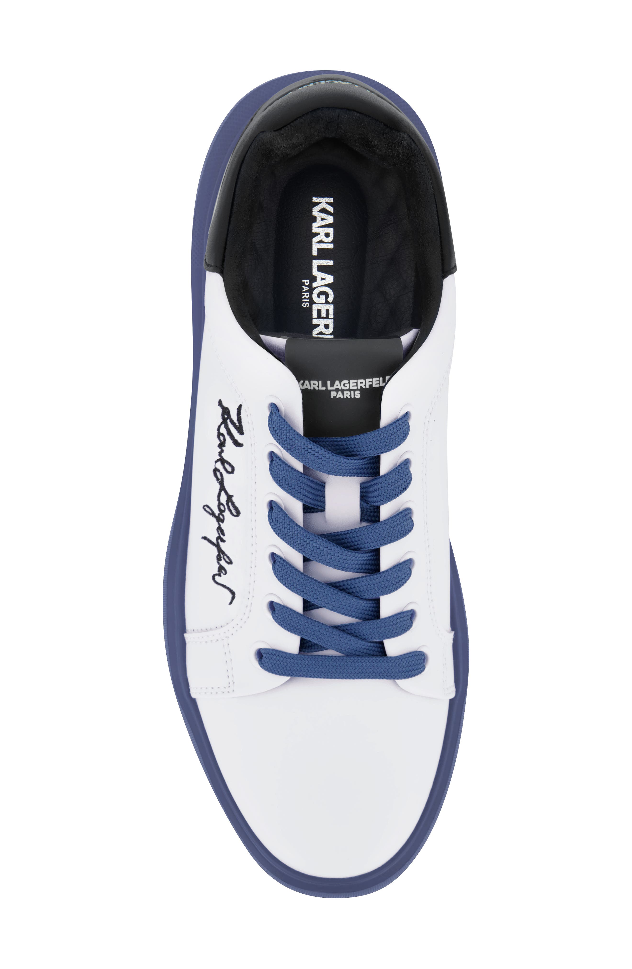 KARL LAGERFELD PARIS Embroidered Signature Sneaker, Alternate, color, White/ Blue