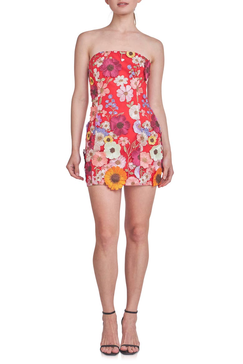Floral Embroidery Strapless Sheath Dress, Main, color, RED