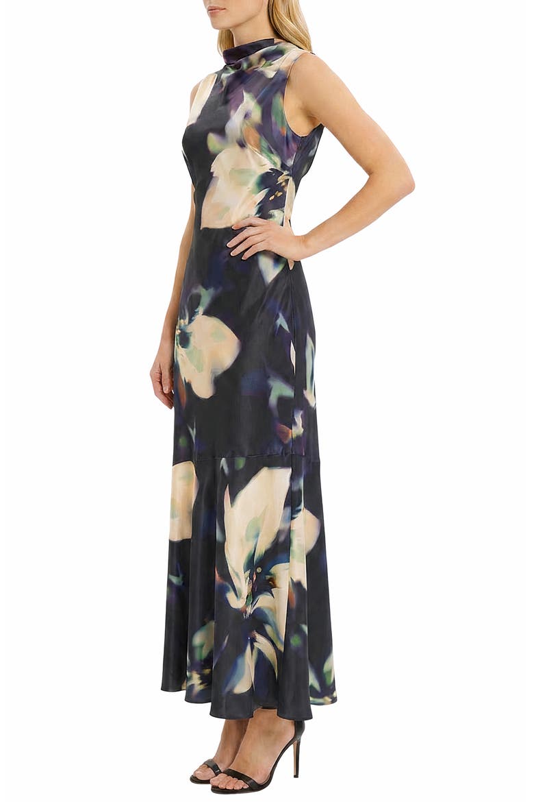 Floral Print Sleeveless Satin Gown, Alternate, color, BLACK/ CREAM