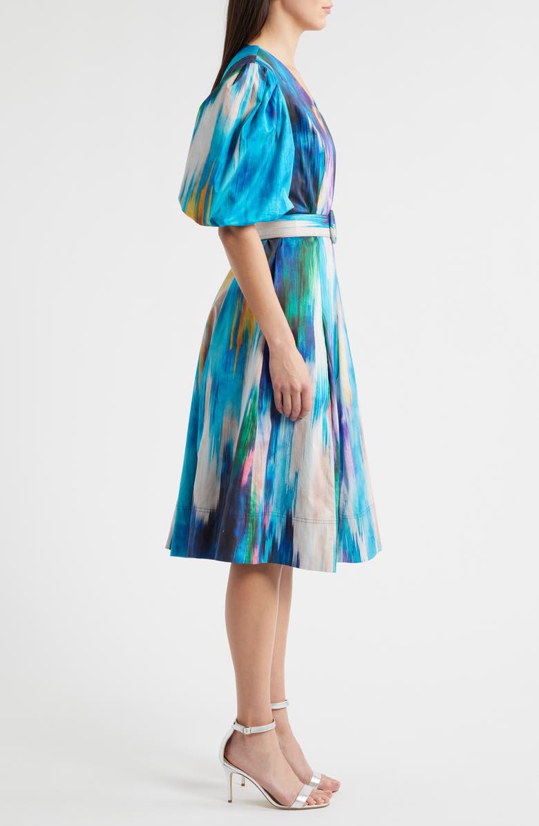 Elie Tahari Miriam Ikat Print Belted Cotton Dress, Alternate, color, Water Canvas Print