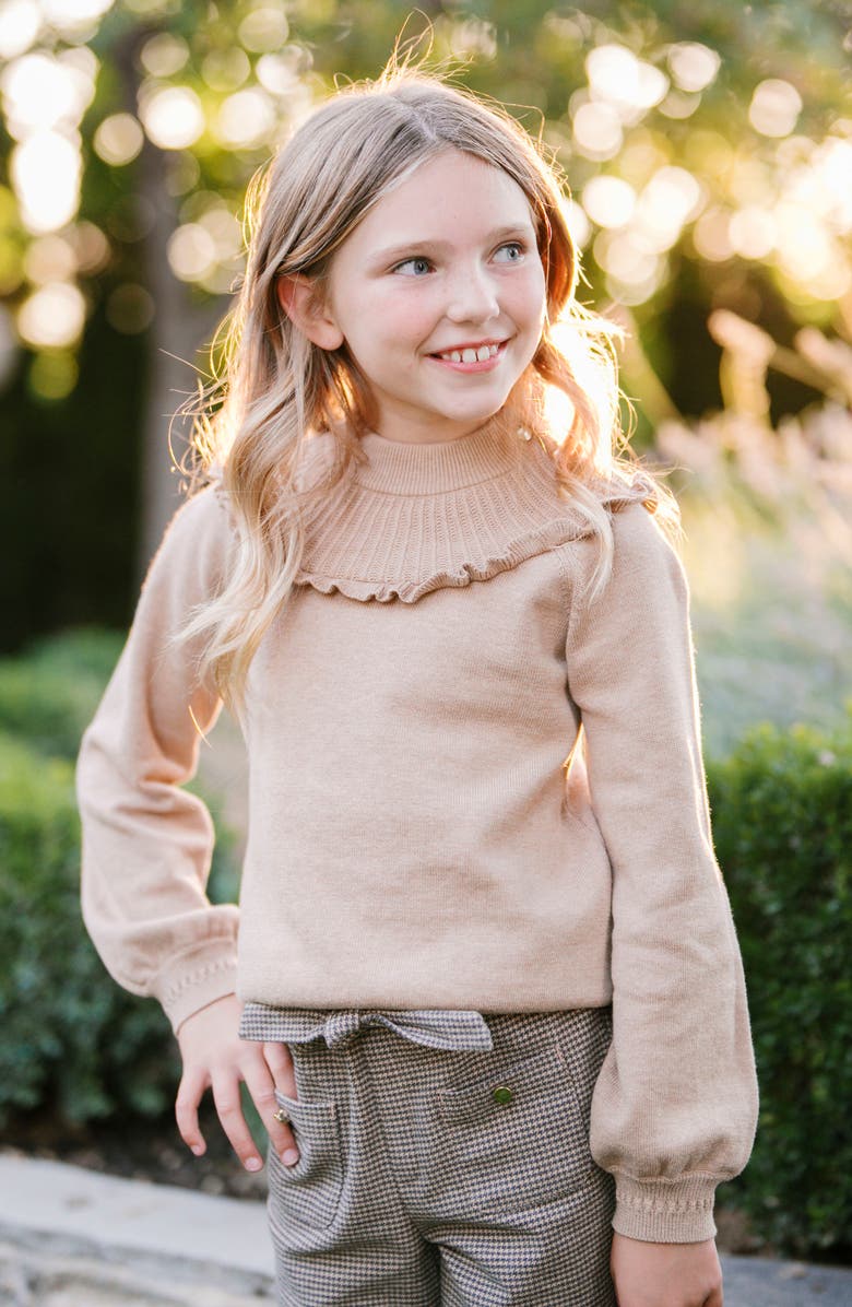 Hope & Henry Kids' Organic Long Sleeve Mock Neck Sweater with Ruffle, Alternate, color, Camel Heather