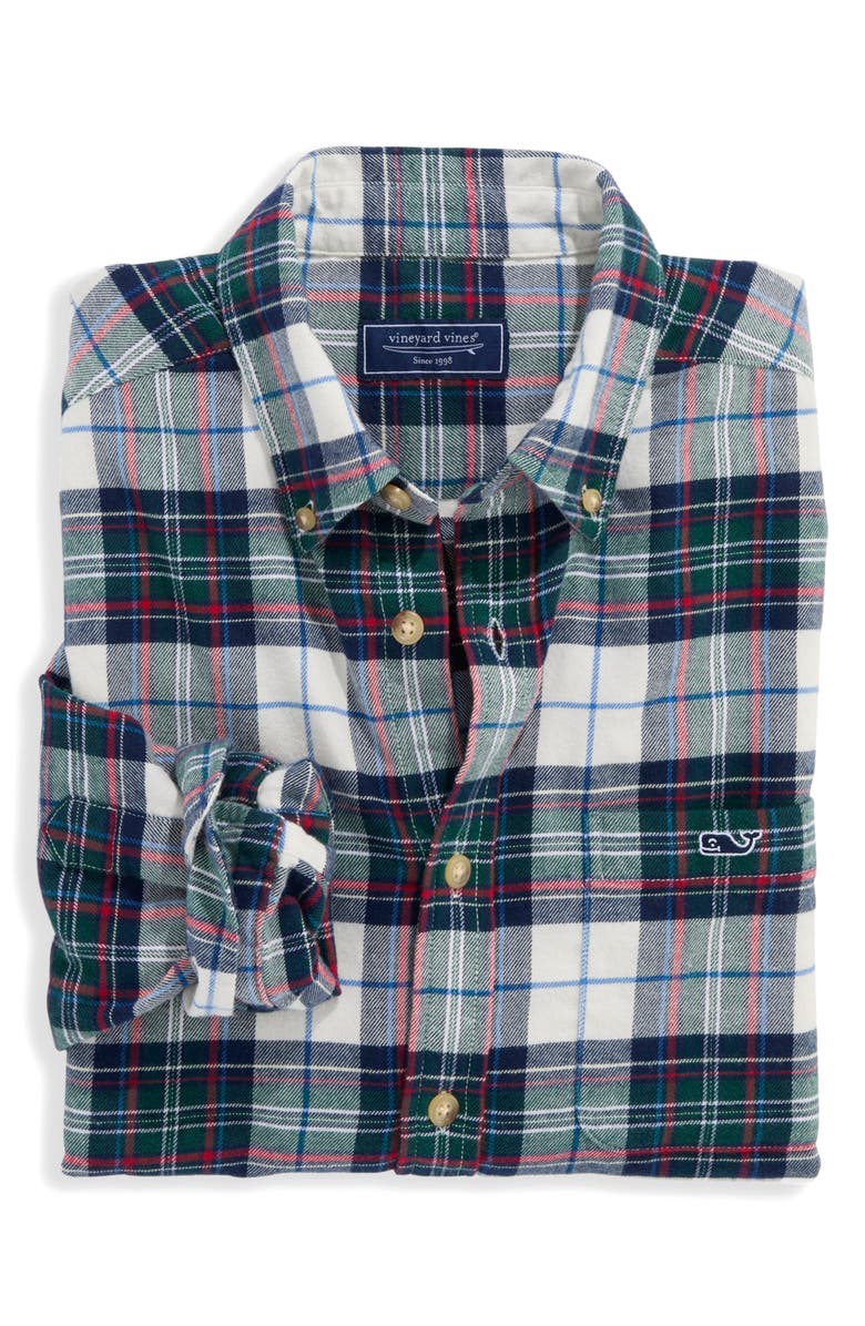 vineyard vines Birch Plaid Stretch Flannel Button Down Shirt, Alternate, color, Charleston Green