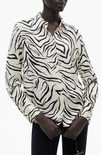 Mango Print Satin Button-up Shirt In White