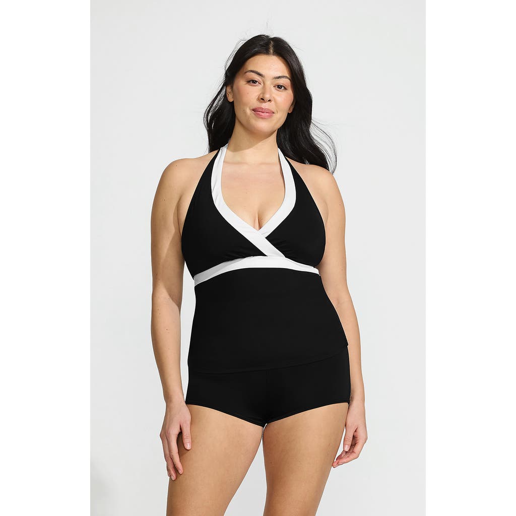 Lands' End Plus Size V-neck Halter Tankini Top In Black/white