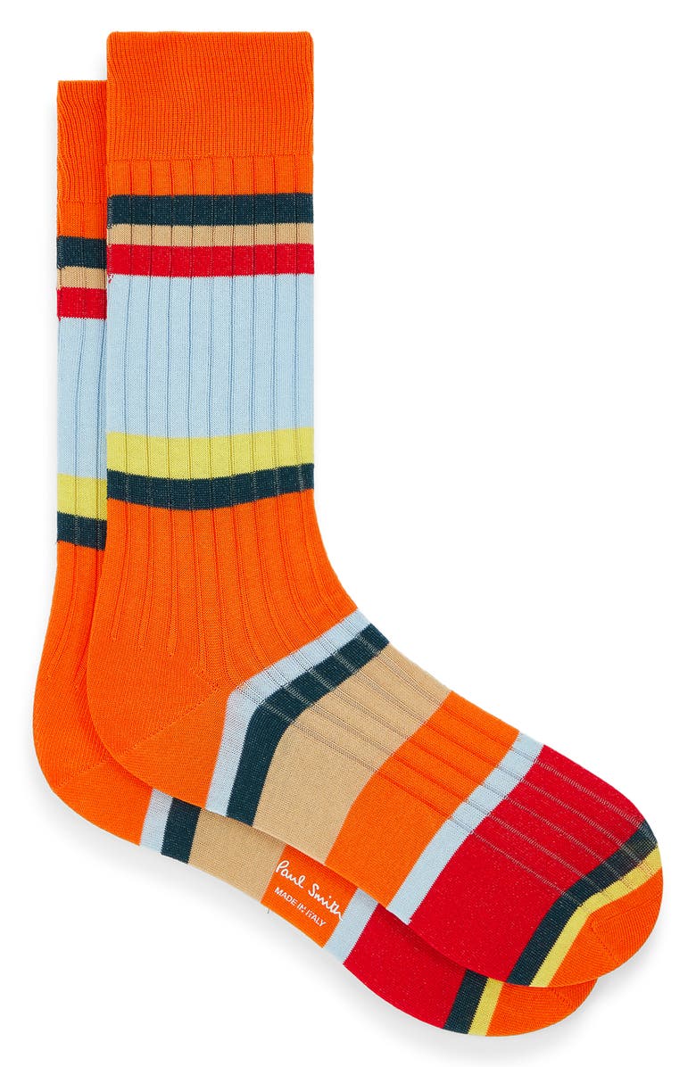Paul Smith Stripe Rib Cotton Blend Dress Socks, Main, color, 16_Orange