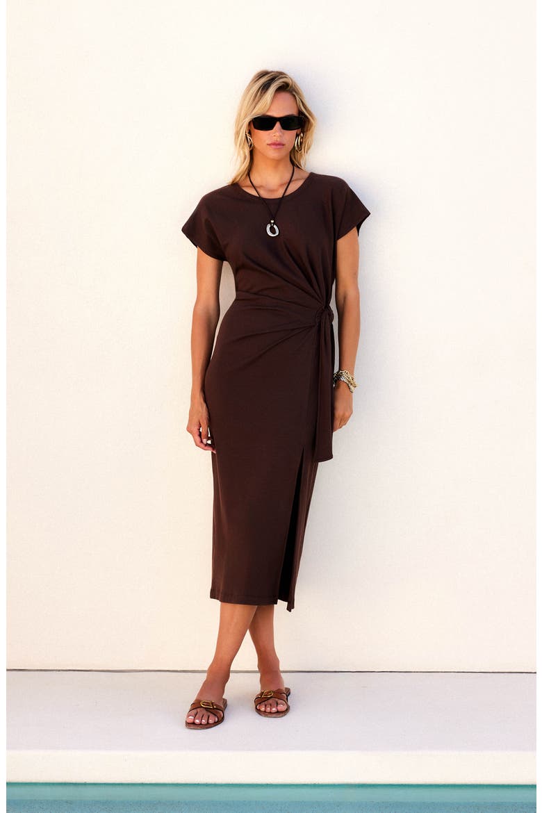 Marisa Side Knot Midi Dress, Alternate, color, BROWN