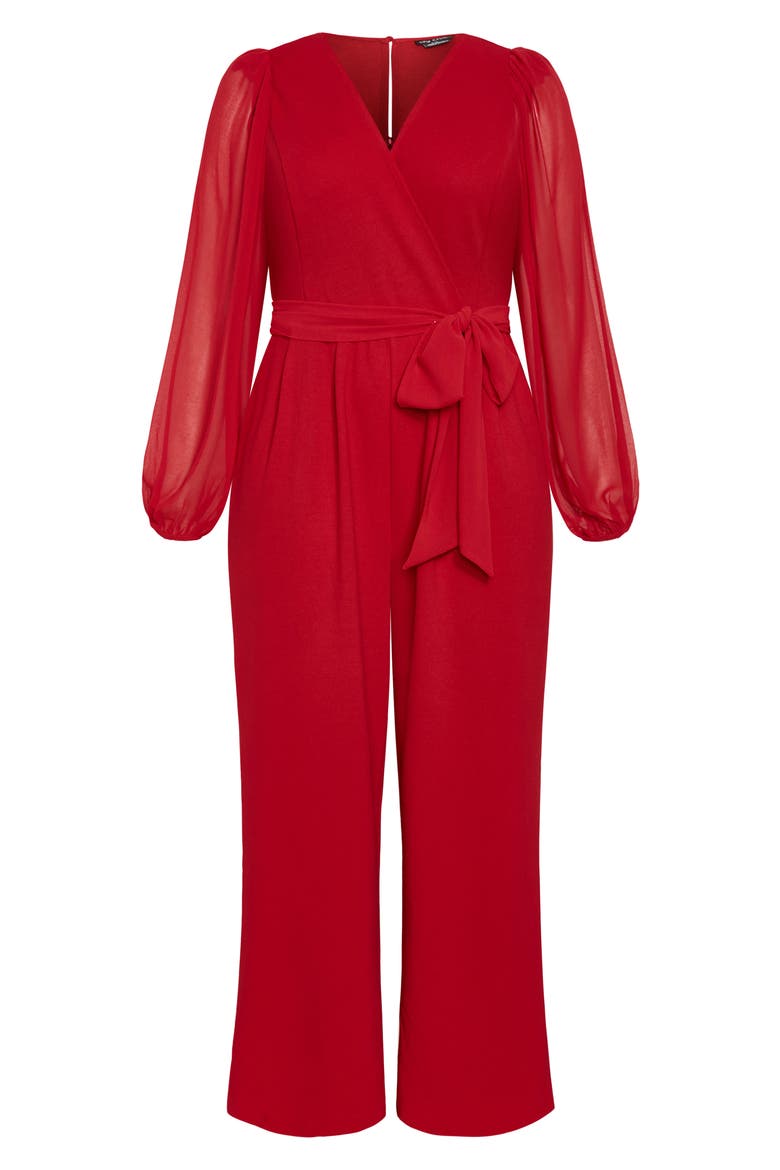 Belted Sheer Long Sleeve Jumpsuit, Alternate, color, CHERRY