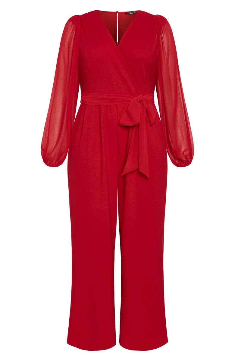 City Chic Belted Sheer Long Sleeve Jumpsuit, Alternate, color, Cherry