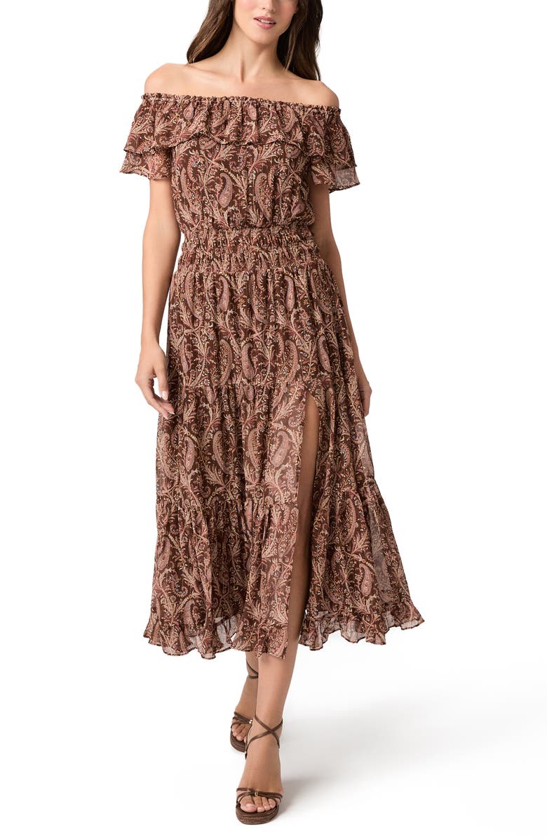 PAIGE Alistar Print Ruffle Off the Shoulder Silk Midi Dress, Main, color, Oak Multi