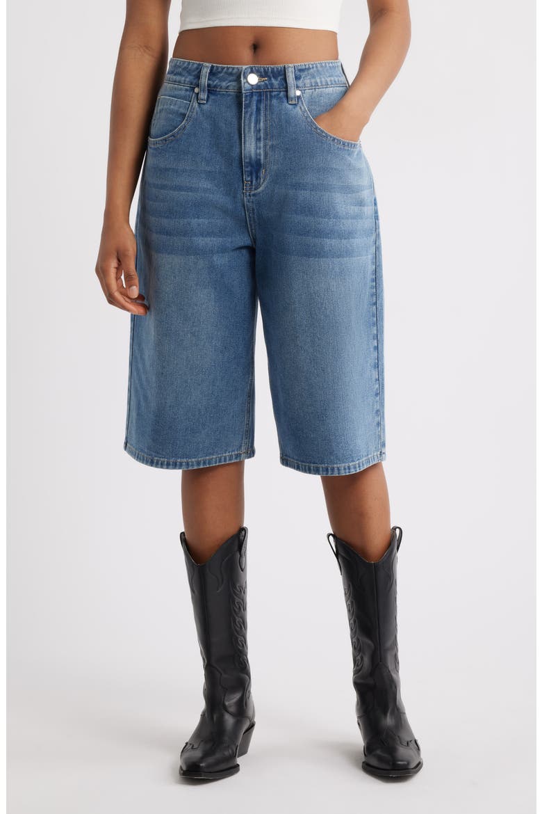 Sylva Studded Embroidered Denim Bermuda Shorts, Main, color, MEDIUM WASH
