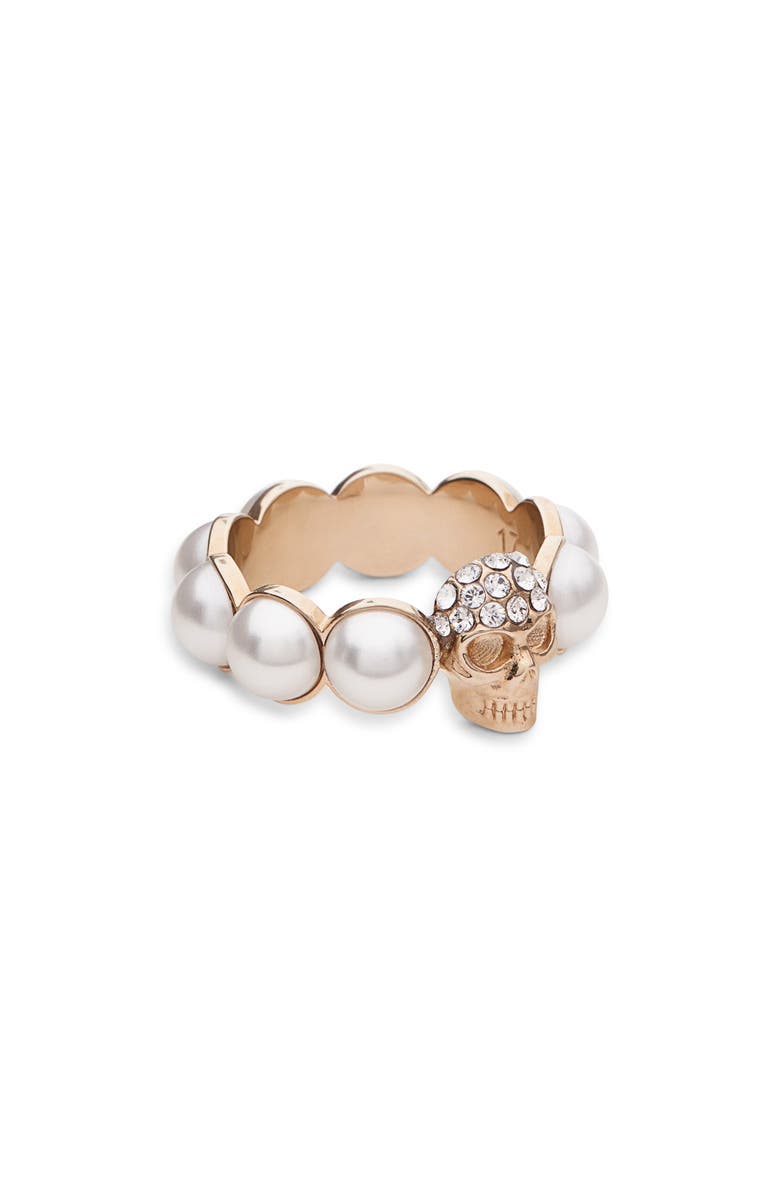 McQueen Crystal Skull & Faux Pearl Ring, Alternate, color,
