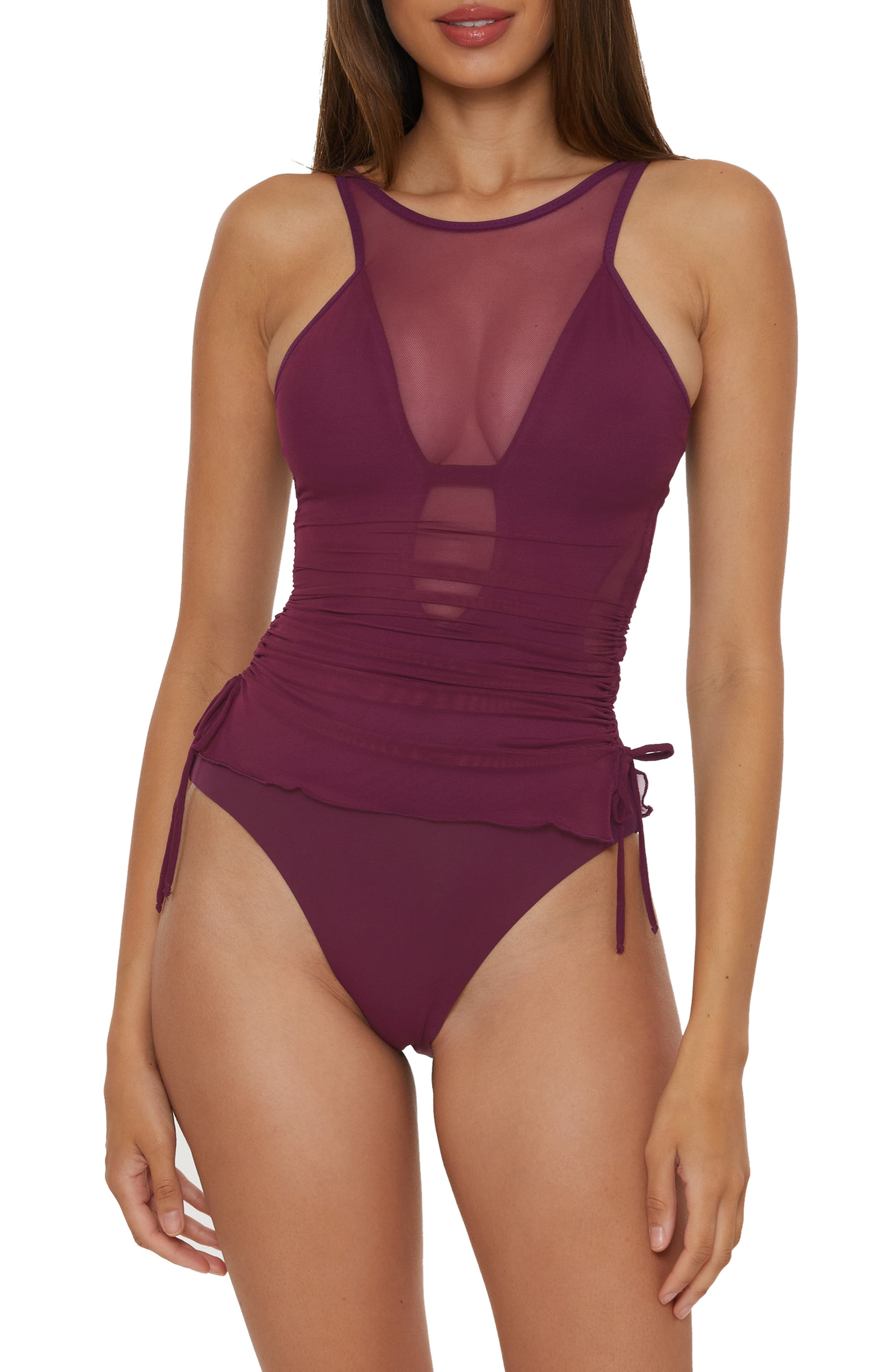 Becca Muse Cinched Mesh One-Piece Swimsuit in Aubergine 