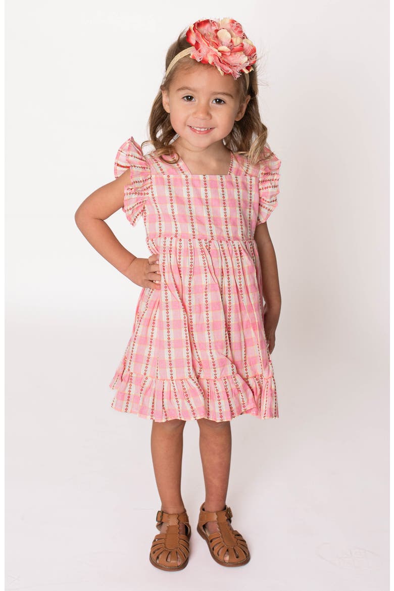 Floral Stripe Check Flutter Sleeve Dress, Main, color, PINK