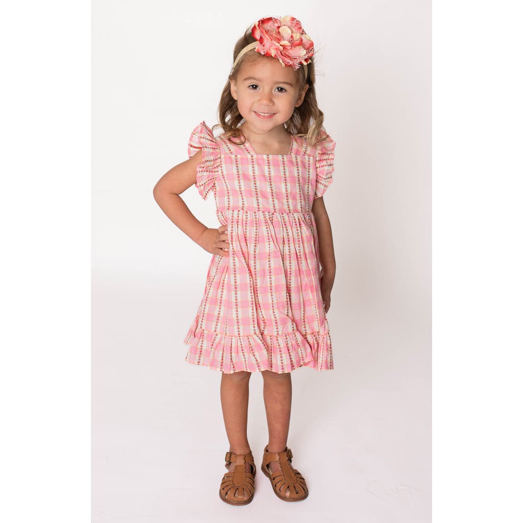 Popatu Floral Stripe Check Flutter Sleeve Dress In Pink