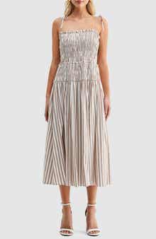 Stripe Tie Strap Smocked Cotton Midi Sundress