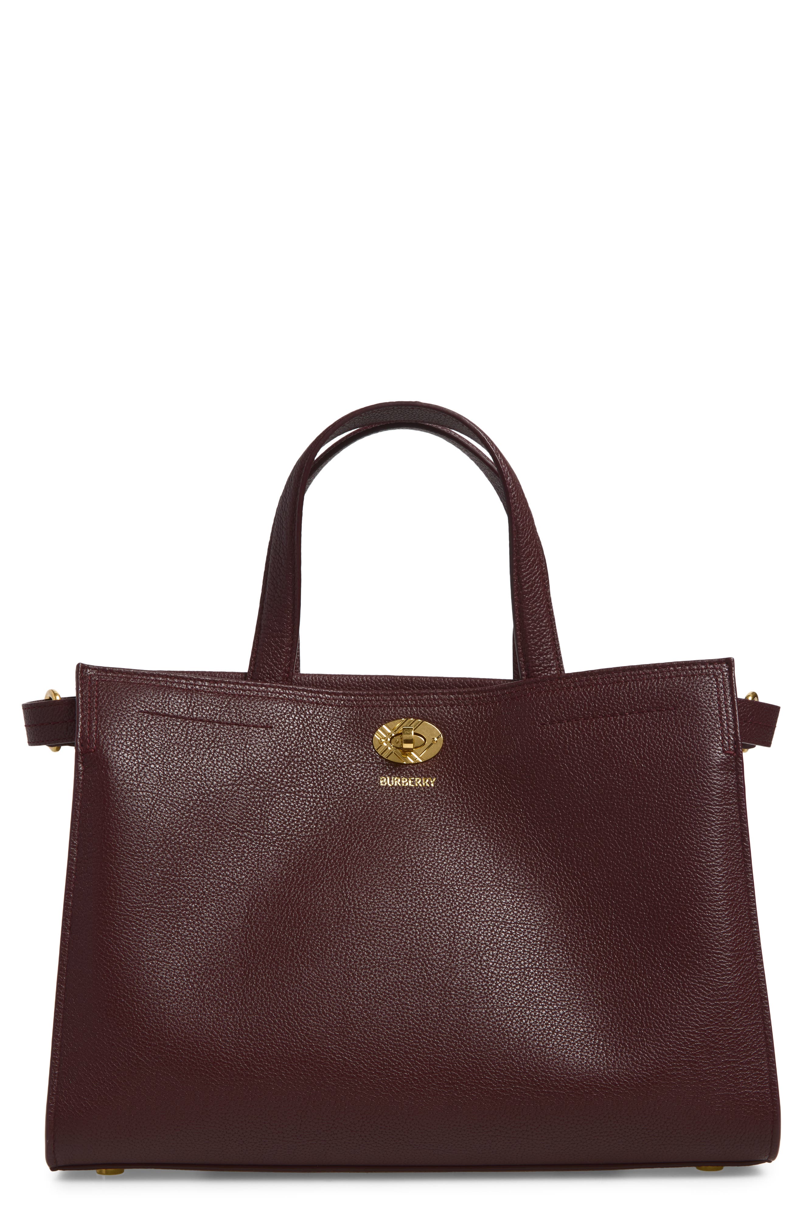 Small Cotswolds Leather & Check Canvas Tote, Main, color, VINEYARD RED