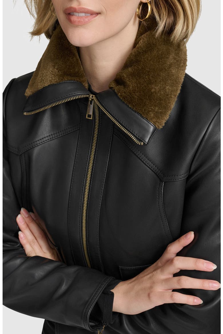 Evie Leather Jacket with Faux Fur Collar, Alternate, color, BLACK